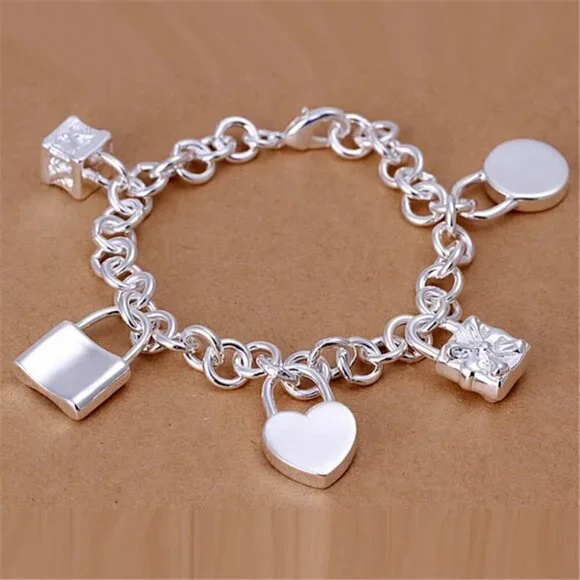 Sterling Silver 925 Chain bracelet with Lock Charms #1226 - Picture 4 of 10